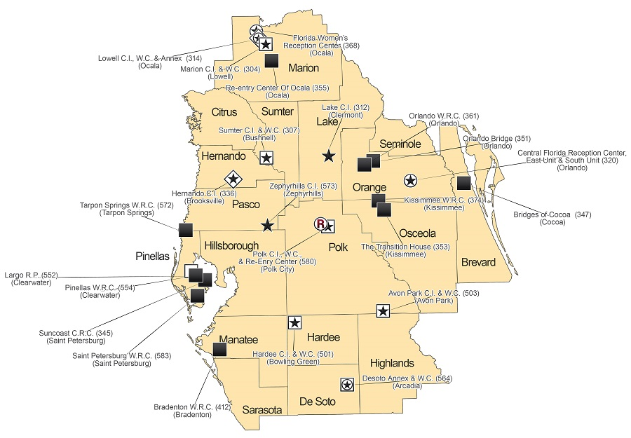 Map of Region 3 Correctional Facilities, see list below for details. For more information on a facility, click the facility symbol.